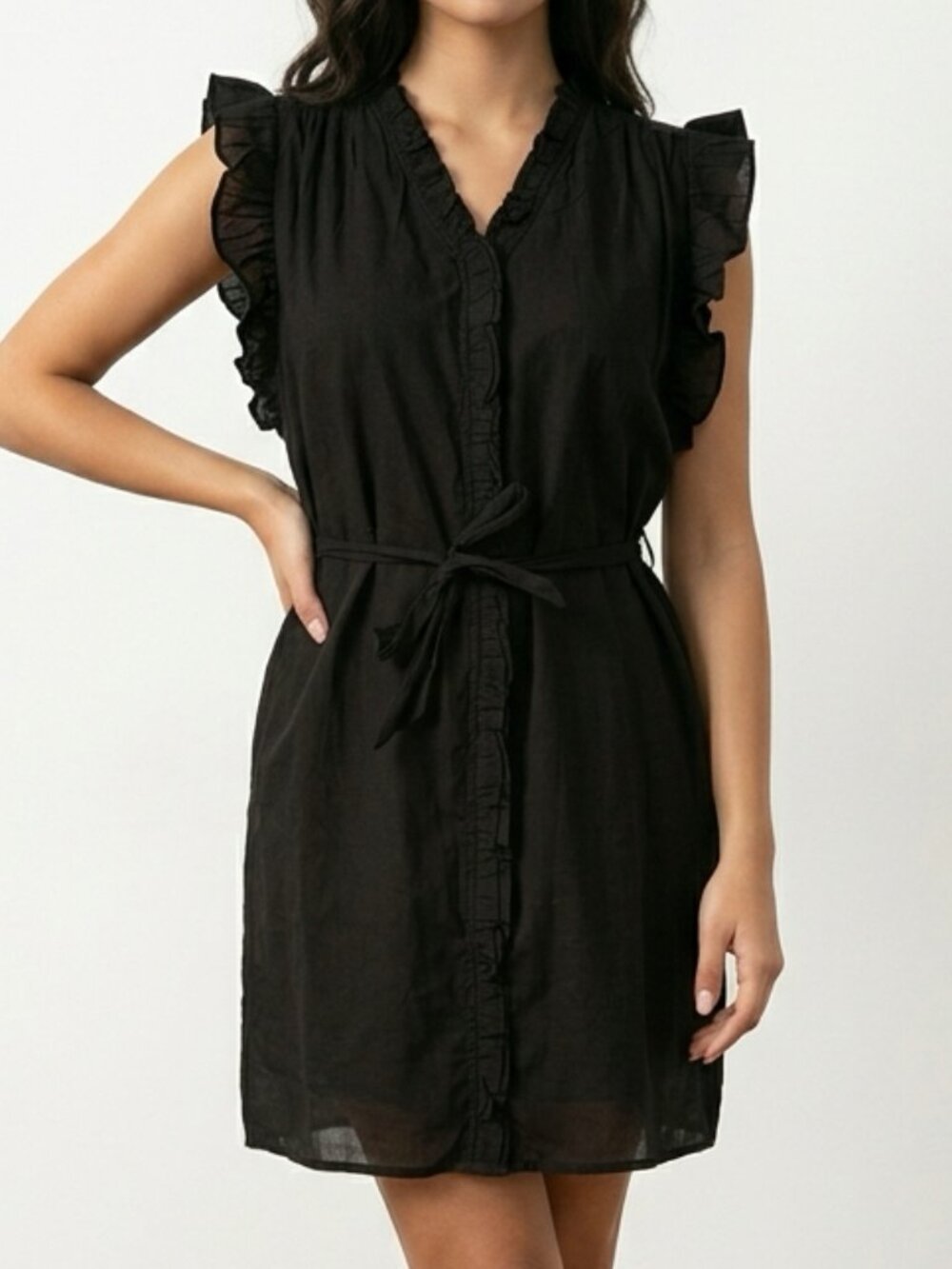 Elan Black Ruffle Cotton Shirt Dress Size Medium
